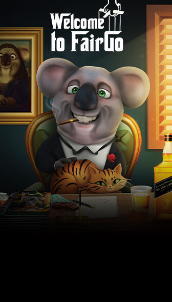 Fair Go welcome bonus artwork: Kev the koala at a high-roller's desk